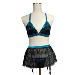 Fantasy Lingerie Teal Black Lace Bralette Skirt Garter Set M L